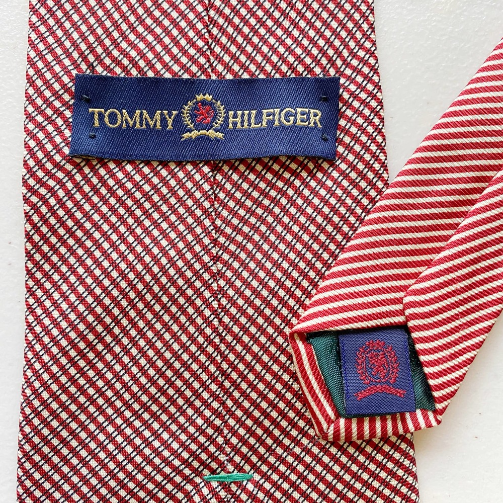 Vintage Tommy Hilfiger Red Green and white plaid checkered print Silk Tie